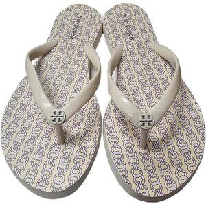 TORY BURCH CHELSEA FLIP FLOP SANDALS IN CREAM BLUE GEO SIZE 6 FEW SCUFFS